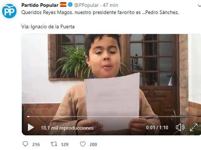 Tweet publicado por el PP: "Queridos Reyes Magos, nuestro presidente favorito es... Pedro Sánchez"