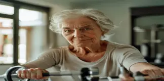 Mujer mayor haciendo entrenamiento de fuerza supervisado por fisioterapeuta para prevenir sarcopenia