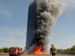 Incendio controlado en la Torre Moeve, segundo rascacielos de Madrid