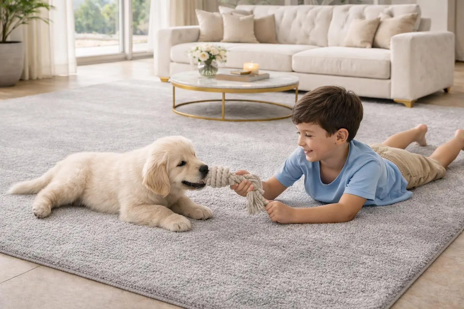 Salón con alfombra limpia donde juegan un niño y un cachorro en un hogar de Marbella