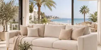 Sofá impecable tras la limpieza profesional de MarbeClean en una vivienda de Marbella con vistas al mar de la Costa del Sol