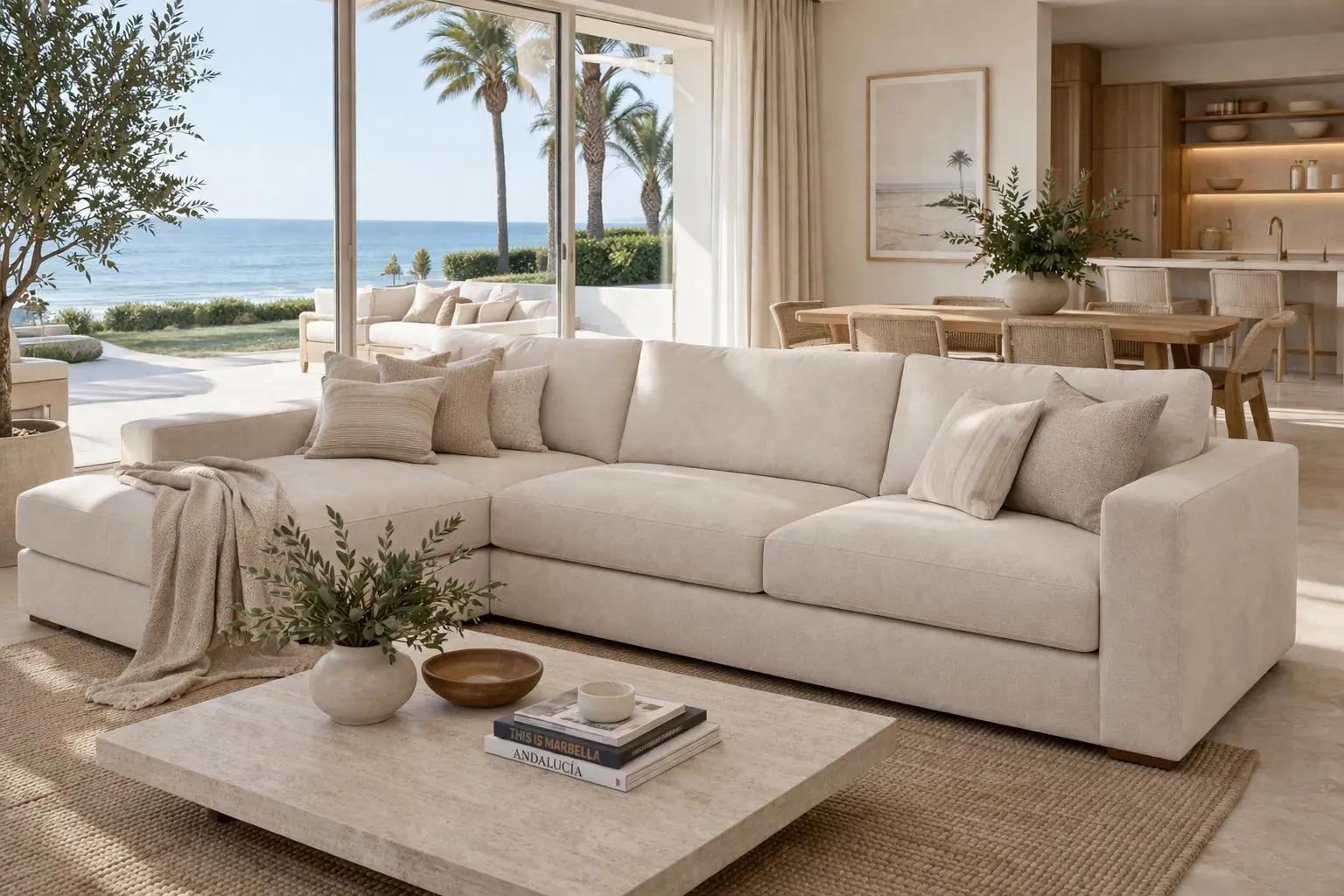 Salón luminoso frente al mar en Marbella con sofá y tapicerías recién limpiadas por MarbeClean