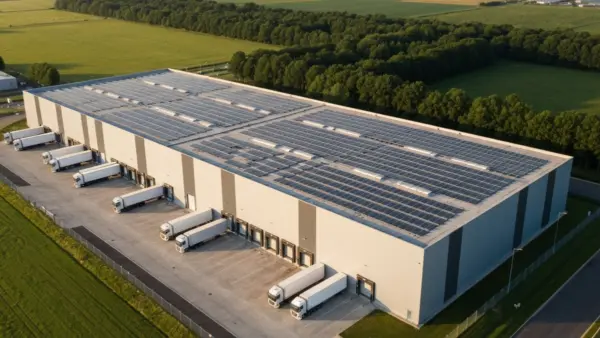 Hacia la logística verde: estrategias para reducir la huella de carbono en la cadena de suministro 1 Vista aérea de un centro de distribución logístico con la cubierta cubierta de placas solares y camiones articulados en los muelles de carga