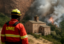 La UME protege patrimonio de San Juan de la Peña del incendio en Riglos