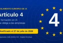La ley que obliga a formar en IA a las empresas cambió en julio y casi nadie se ha enterado Emblema europeo con el número 4 y la leyenda Reglamento Europeo de IA, en alusión al artículo 4 sobre formación obligatoria en inteligencia artificial modificado el 27 de julio de 2026