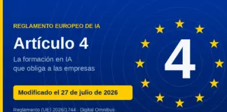 Emblema europeo con el número 4 y la leyenda Reglamento Europeo de IA, en alusión al artículo 4 sobre formación obligatoria en inteligencia artificial modificado el 27 de julio de 2026