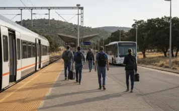 Viajeros caminando por el andén de una estación de tren extremeña junto a un tren regional detenido, con un autobús urbano esperando a la salida, en alusión a la conexión entre el tren Cáceres-Badajoz y el transporte urbano