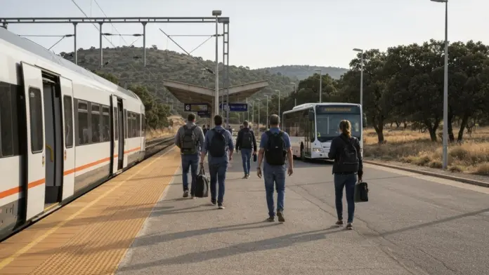 Viajeros caminando por el andén de una estación de tren extremeña junto a un tren regional detenido, con un autobús urbano esperando a la salida, en alusión a la conexión entre el tren Cáceres-Badajoz y el transporte urbano