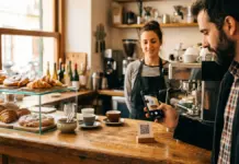 Adiós al cartón de sellos: el pequeño comercio digitaliza su tarjeta de fidelización Un cliente escanea con su móvil el código QR de una tarjeta de fidelización digital colocado en el mostrador de una cafetería de barrio