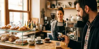 Un cliente escanea con su móvil el código QR de una tarjeta de fidelización digital colocado en el mostrador de una cafetería de barrio