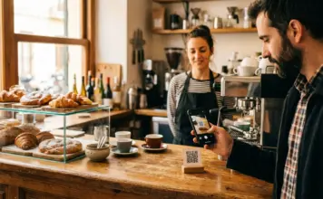 Un cliente escanea con su móvil el código QR de una tarjeta de fidelización digital colocado en el mostrador de una cafetería de barrio