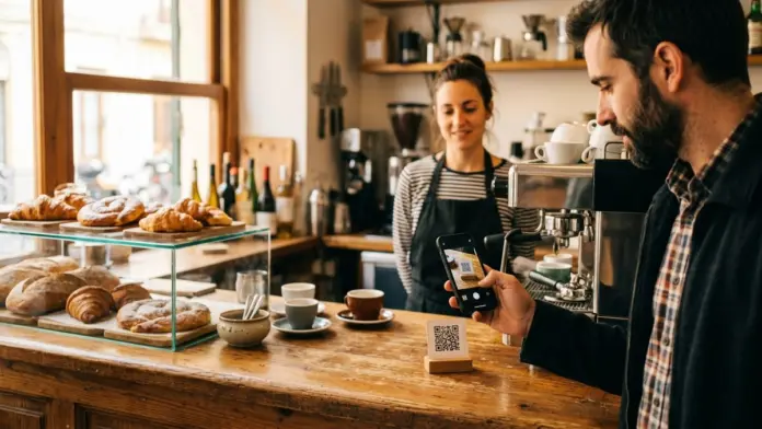 Tarjeta de fidelización digital en el mostrador Un cliente escanea con su móvil el código QR de una tarjeta de fidelización digital colocado en el mostrador de una cafetería de barrio
