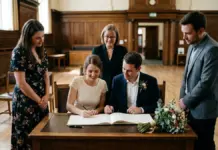 Qué hace falta para casarse por el juzgado: el expediente que conviene abrir seis meses antes de la boda Una pareja firma el acta de matrimonio sobre una mesa en una sala institucional acompañada por dos testigos y el oficiante