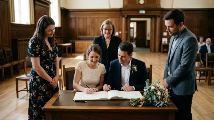 Firma del acta en una ceremonia civil Una pareja firma el acta de matrimonio sobre una mesa en una sala institucional acompañada por dos testigos y el oficiante