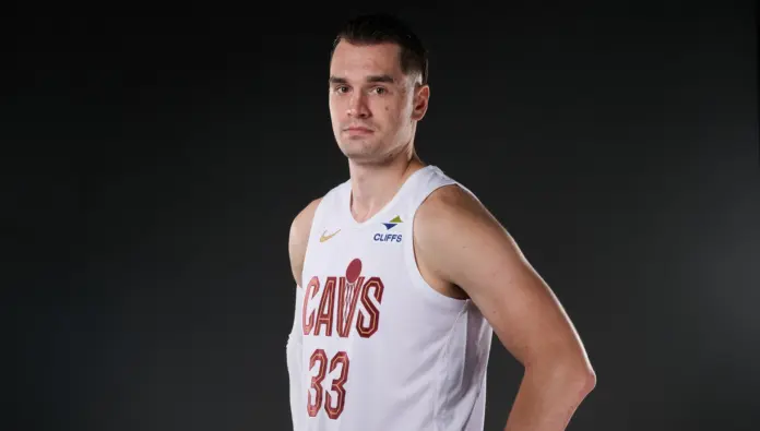 Mario Hezonja wearing Cleveland Cavaliers number 33 jersey at 2026 media day
