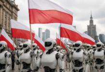 30 robots con banderas polacas protestan por empleos humanos