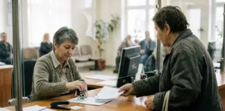 Una ciudadana entrega varios documentos en la ventanilla de atención al ciudadano de un ayuntamiento mientras el funcionario sella un impreso