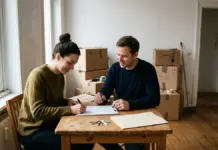 Qué hace falta para empadronarse en una vivienda que no es tuya: lo que el ayuntamiento no puede exigirte Dos personas firman un contrato de alquiler sobre una mesa en un piso vacío, con un juego de llaves y cajas de mudanza al fondo
