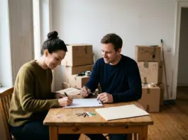Qué hace falta para empadronarse en una vivienda que no es tuya: lo que el ayuntamiento no puede exigirte Dos personas firman un contrato de alquiler sobre una mesa en un piso vacío, con un juego de llaves y cajas de mudanza al fondo