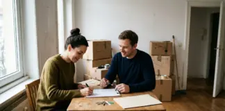 Dos personas firman un contrato de alquiler sobre una mesa en un piso vacío, con un juego de llaves y cajas de mudanza al fondo