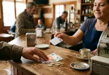 Paga en efectivo y llévate el doble de puntos: la plataforma que premia el metálico en el bar de tu barrio Un cliente paga con billetes y monedas en la barra de un bar mientras la camarera le entrega una tarjeta de fidelización con código QR