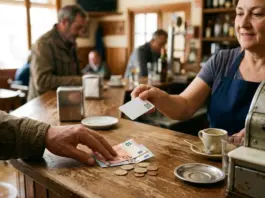 Paga en efectivo y llévate el doble de puntos: la plataforma que premia el metálico en el bar de tu barrio Un cliente paga con billetes y monedas en la barra de un bar mientras la camarera le entrega una tarjeta de fidelización con código QR