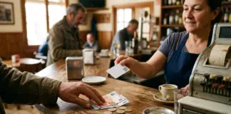 Un cliente paga con billetes y monedas en la barra de un bar mientras la camarera le entrega una tarjeta de fidelización con código QR