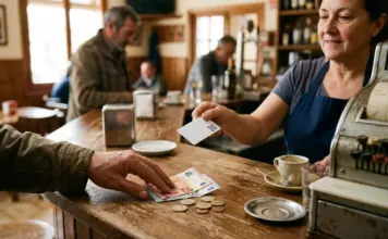 Un cliente paga con billetes y monedas en la barra de un bar mientras la camarera le entrega una tarjeta de fidelización con código QR