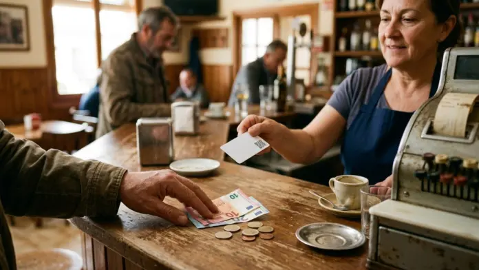 Pago en efectivo y tarjeta de fidelización en un bar Un cliente paga con billetes y monedas en la barra de un bar mientras la camarera le entrega una tarjeta de fidelización con código QR