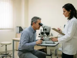 Un conductor se somete a la prueba de visión en un aparato binocular durante el reconocimiento psicotécnico para renovar el permiso de conducir