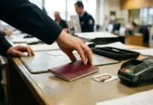 Qué hace falta para renovar el pasaporte: 30 euros, una foto y el requisito que tumba más solicitudes Un pasaporte cerrado sobre el mostrador de una oficina de expedición junto a una fotografía de carné y un datáfono
