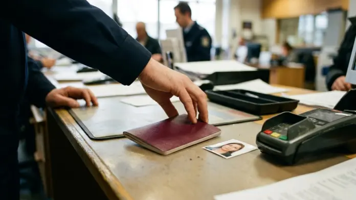 Renovación del pasaporte en una oficina de expedición Un pasaporte cerrado sobre el mostrador de una oficina de expedición junto a una fotografía de carné y un datáfono