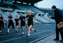 Qué hace falta para ser policía local: los requisitos que han cambiado en 2026 Varios aspirantes corren por la calle de una pista de atletismo durante una prueba física mientras un examinador cronometra desde el lateral