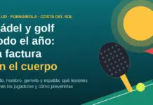 Ilustración editorial de una pala de pádel, una pelota y una bandera de golf bajo el sol, con el titular sobre las lesiones de pádel y golf en la Costa del Sol