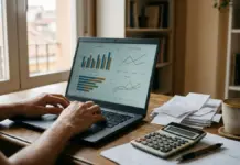 Modelo 130: el problema no es el impuesto, es cómo gestionas tus facturas Un autónomo trabaja en su portátil con gráficos de contabilidad junto a una pila de facturas y tickets en papel, una calculadora y un café